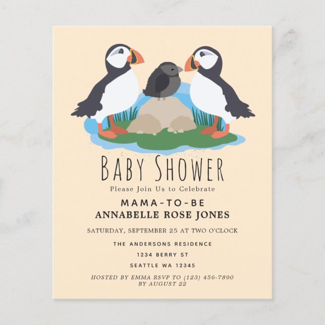 Invitation au Baby shower de Puffin Cute Budget (Devant)