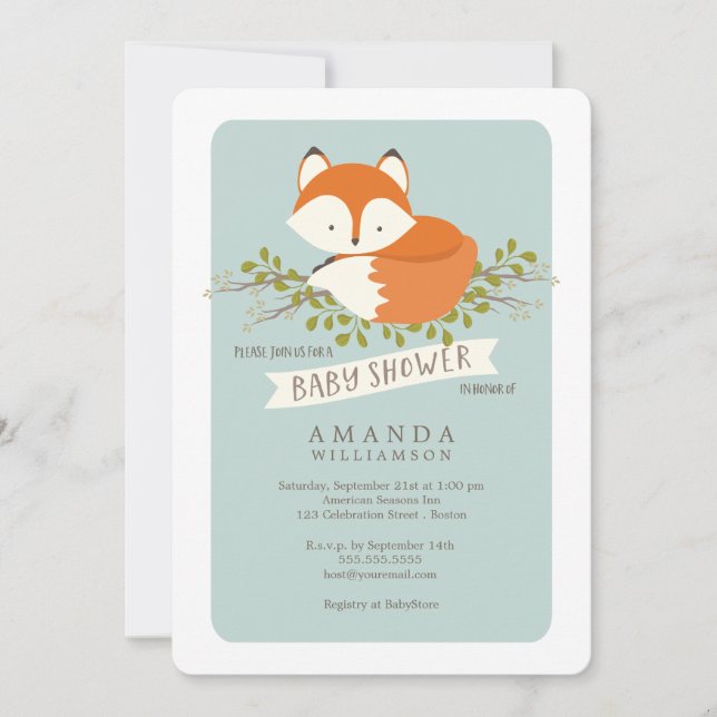 Invitation au Baby shower de renard de bois doux (Devant)