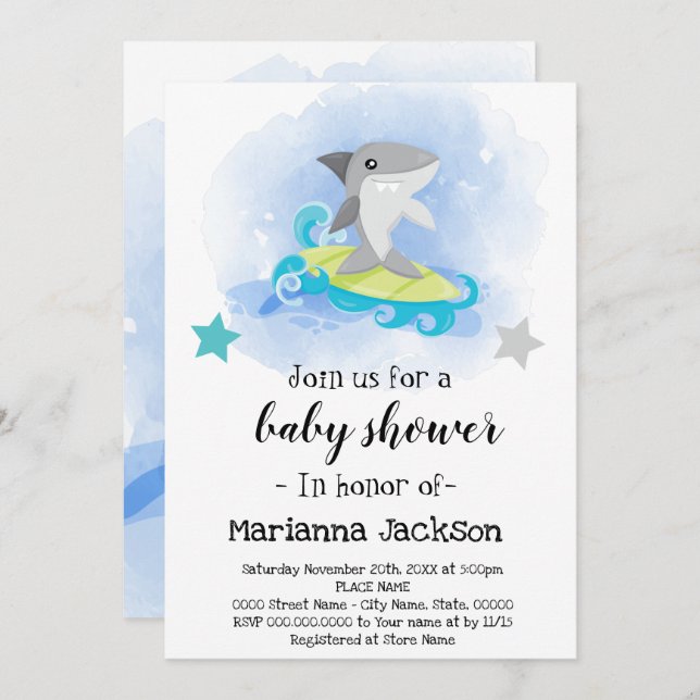 Invitation au Baby shower de requins (Devant / Derrière)
