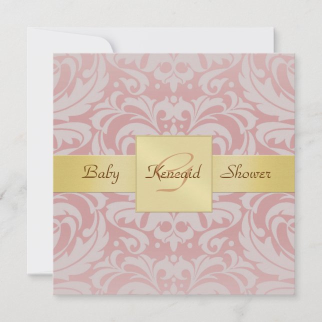 Invitation au Baby shower de ruban d'or Pink Damas (Devant)