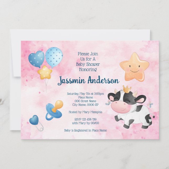 Invitation au Baby shower de vache aquarelle (Devant)