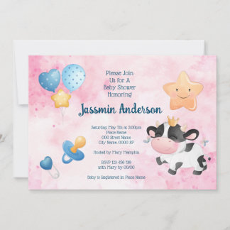 Invitation au Baby shower de vache aquarelle