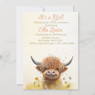Invitation au baby shower de vache Floral Highland
