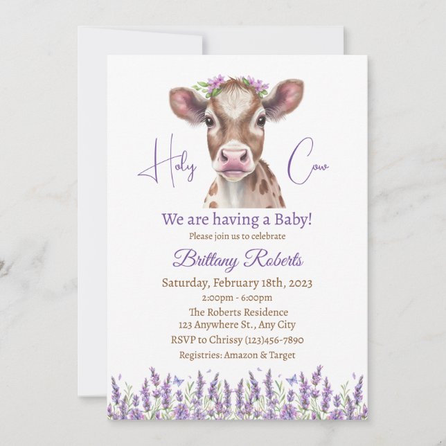 Invitation au Baby shower de vache Floral Highland (Devant)