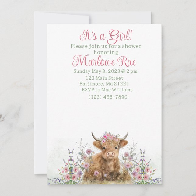 Invitation au baby shower de vache Girl Highland (Devant)