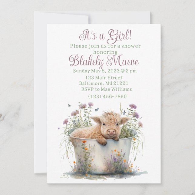 Invitation au baby shower de vache Girl Highland (Devant)