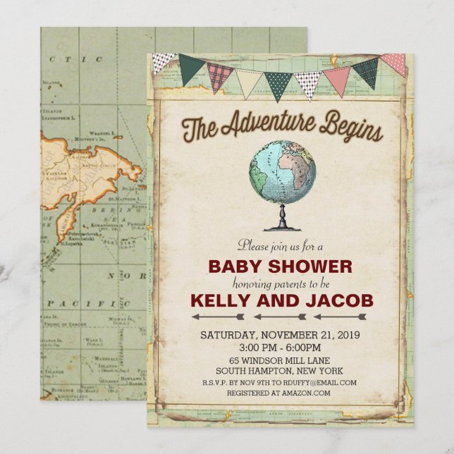 Invitation au Baby shower de voyage vintage Globe (Devant / Derrière)