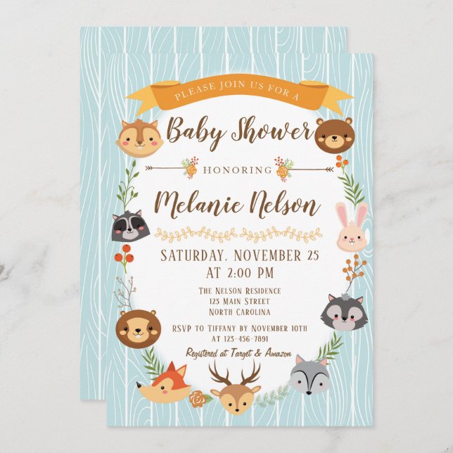 Invitation au Baby shower de Woodland Renard (Devant / Derrière)