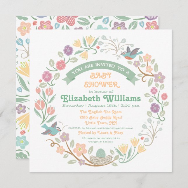 Invitation au Baby shower de Wreath Floral Woodlan (Devant / Derrière)