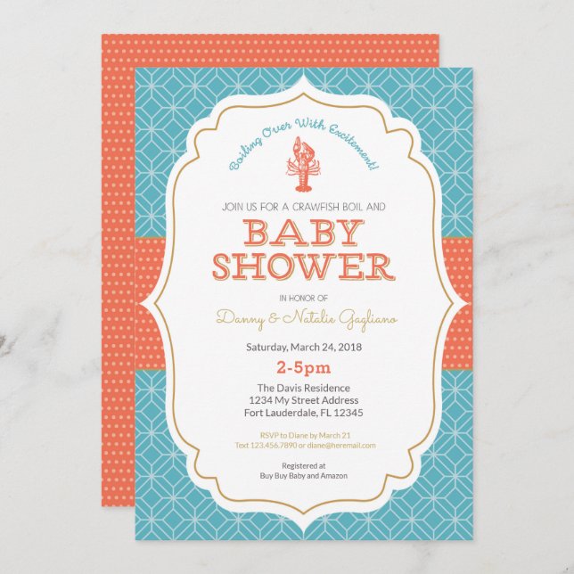 Invitation au Baby shower d'ébullition de l'écrevi (Devant / Derrière)
