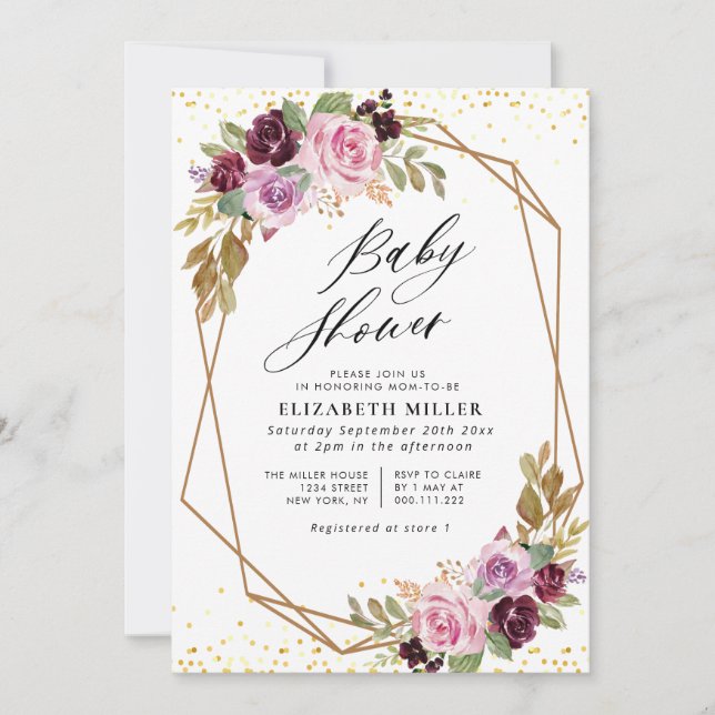 Invitation au baby shower d'écriture florale viole (Devant)