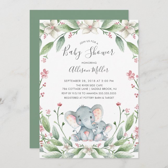 Invitation au Baby shower d'éléphant doux (Devant / Derrière)