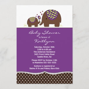Invitation au Baby shower d'éléphants violet et Br
