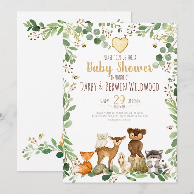 Invitation au Baby shower des animaux des bois (Devant / Derrière)