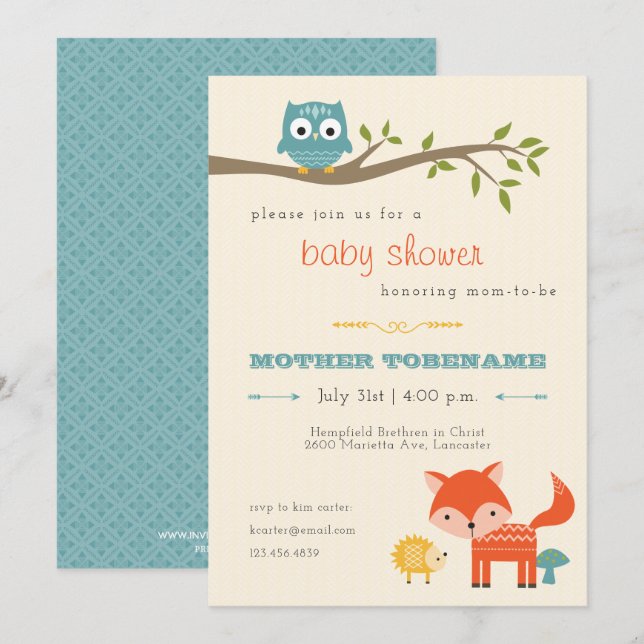 Invitation au Baby shower des animaux des bois - h (Devant / Derrière)
