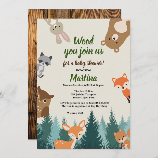 Invitation au Baby shower des animaux forestiers (Devant / Derrière)