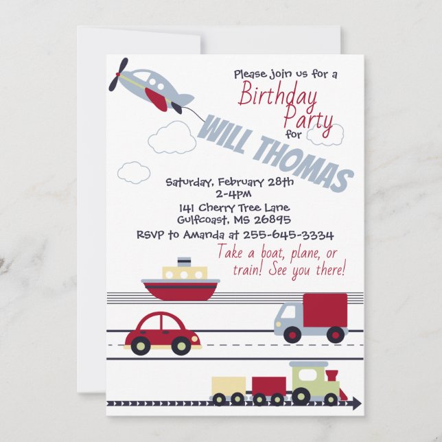 Invitation au Baby shower des avions, des trains e (Devant)