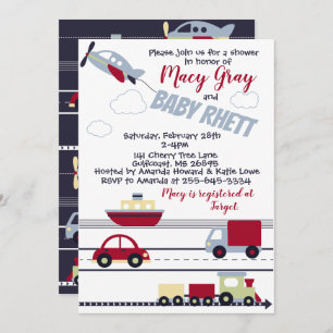 Invitation au Baby shower des avions, des trains e