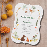 Invitation au Baby shower des bois de Whimsical<br><div class="desc">Célébrez les parents à être avec cet invitation de baby shower à thème faunique et masculin avec de mignons animaux de bois,  des papillons et des champignons entourés d'une verdure d'aquarelle et d'un côté vert sauge.</div>