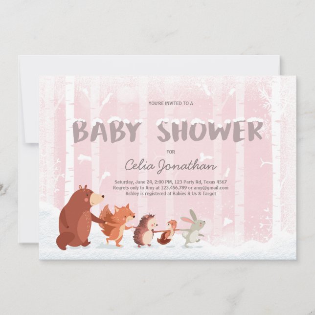 Invitation au Baby shower des bois Neige d'hiver r (Devant)