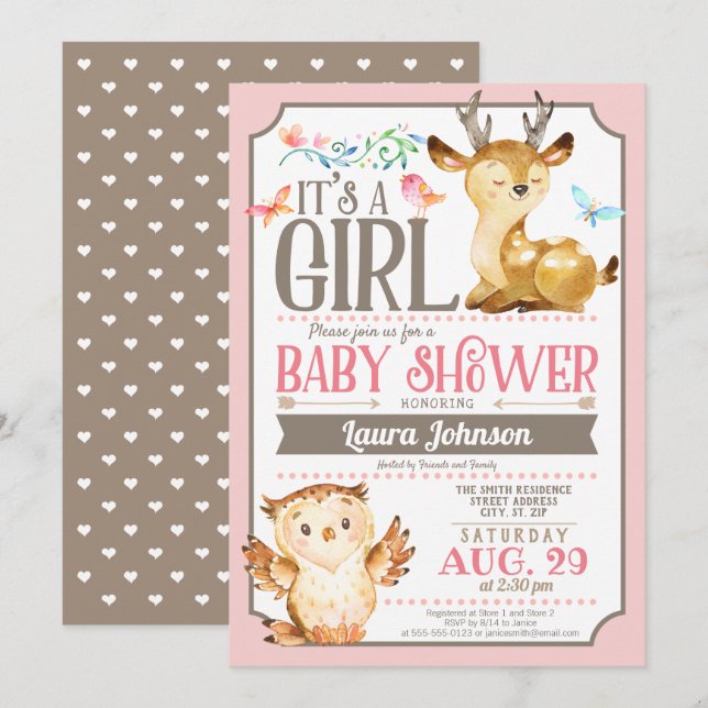 Invitation au Baby shower des cerfs et des chouett (Devant / Derrière)