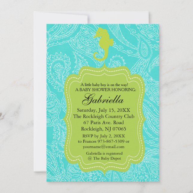 Invitation au Baby shower des chevaux de mer Bleu (Devant)