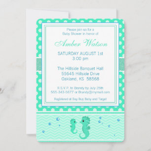 Invitation au Baby shower des chevaux de mer verts
