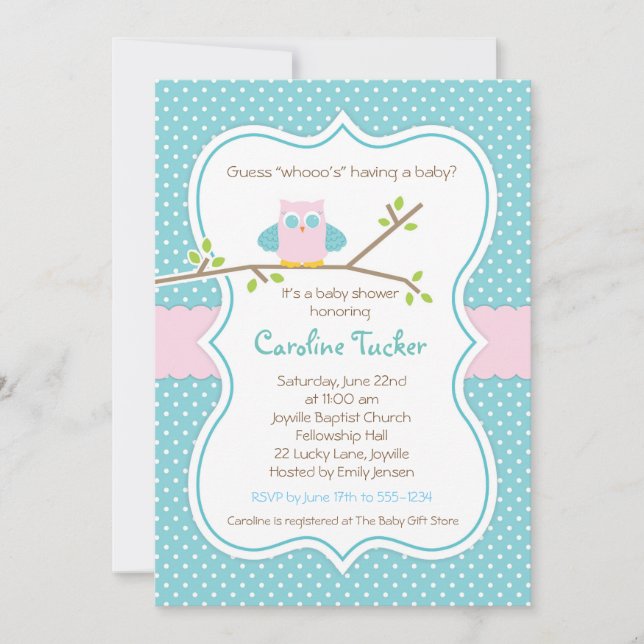 Invitation au Baby shower des chouettes - Baby Gir (Devant)