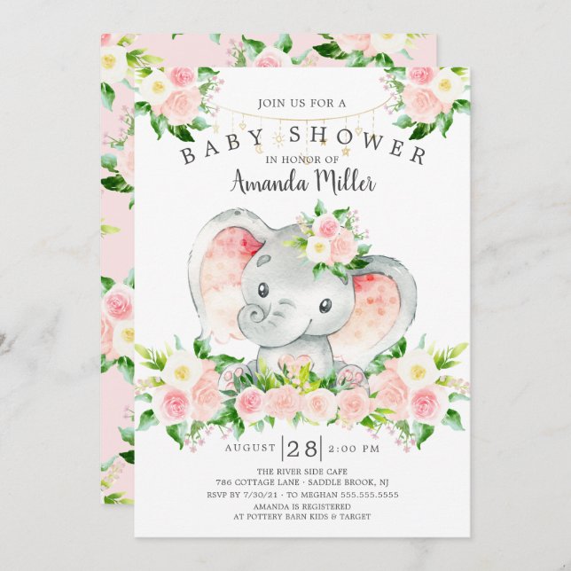 Invitation au Baby shower des filles d'éléphants d (Devant / Derrière)