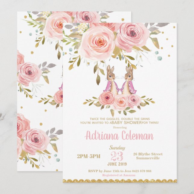 Invitation au Baby shower des filles jumelles Lapi (Devant / Derrière)