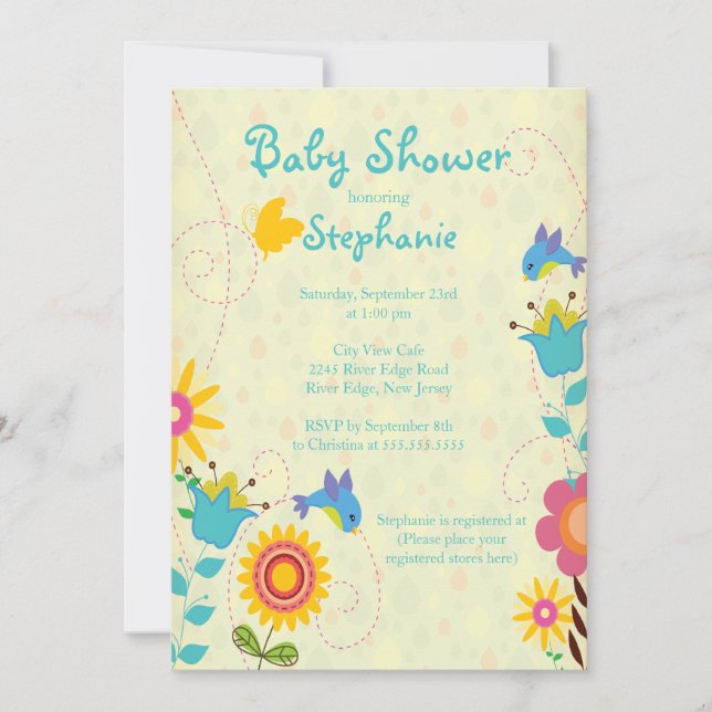 Invitation au Baby shower des oiseaux et des fleur (Devant)