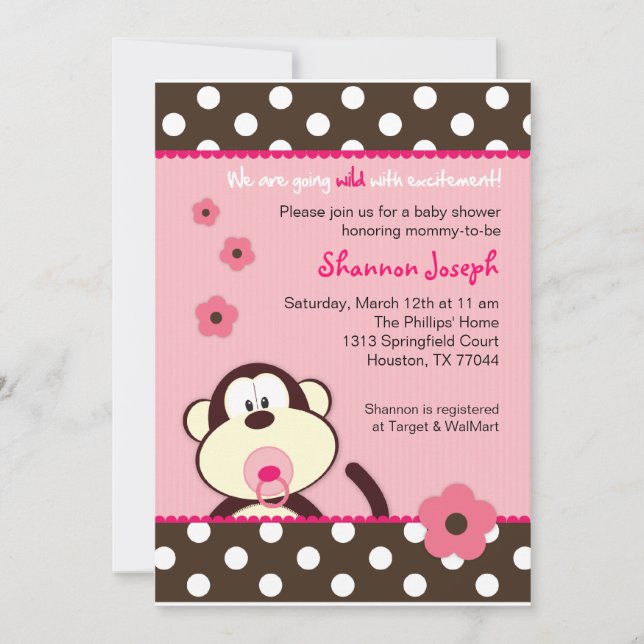 Invitation au Baby shower des points de singe mign (Devant)