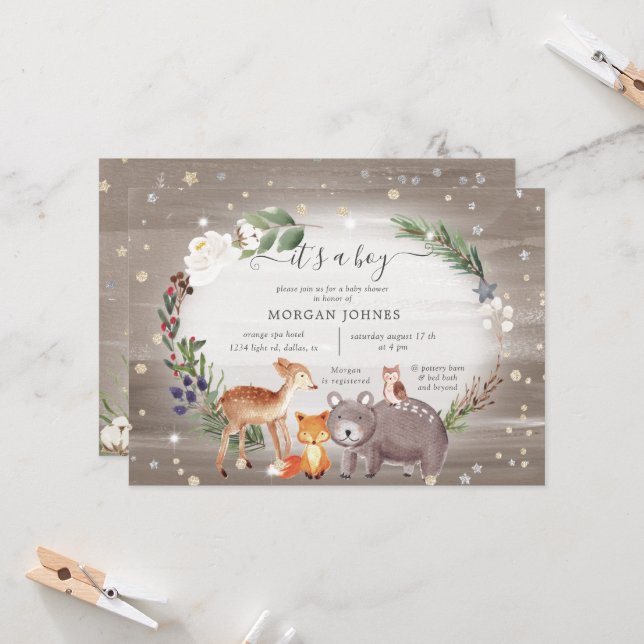 Invitation au Baby shower d'étincelles forestières (Devant/Arrière en situation)