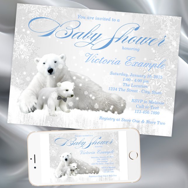 Invitation au Baby shower d'hiver de l'ours polair (Cute Polar Bear Winter Baby Shower Invitation. Instant download and print invitations available.)