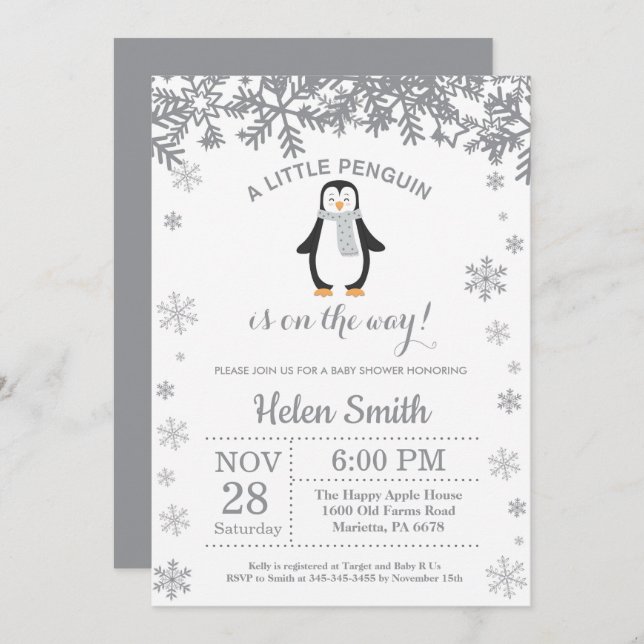 Invitation au Baby shower d'hiver de Penguin (Devant / Derrière)