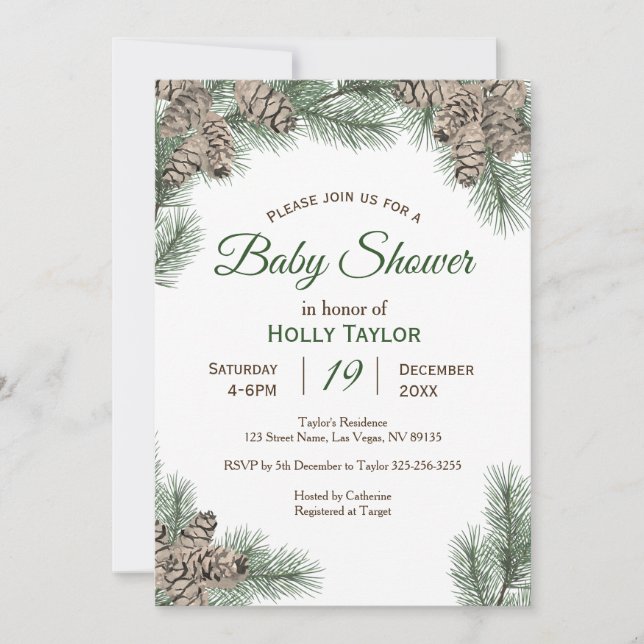 Invitation au Baby shower d'hiver de Pinecones (Devant)