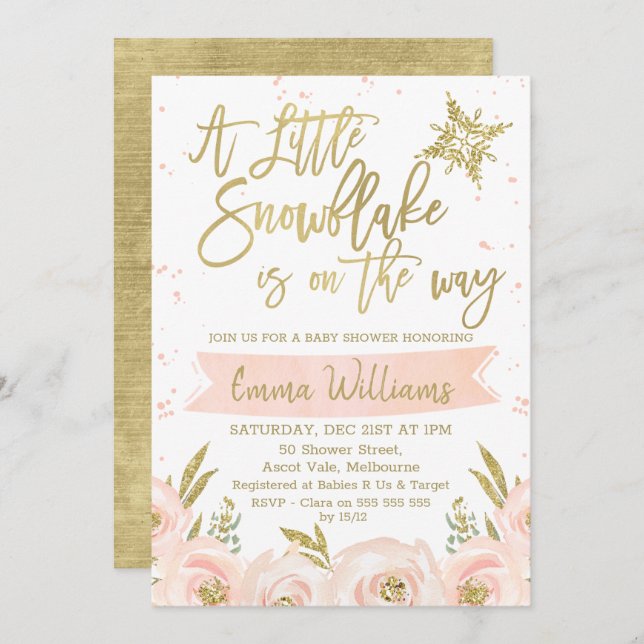 Invitation au Baby shower d'hiver Gold Pink (Devant / Derrière)