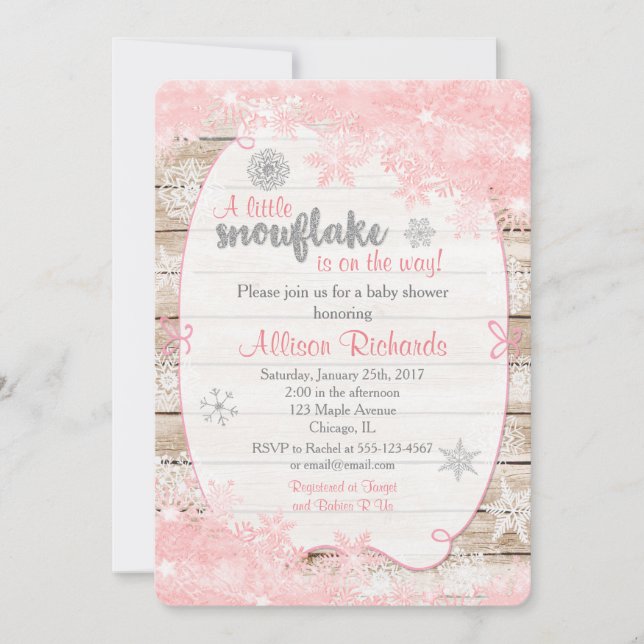 invitation au baby shower d'hiver rose et argent (Devant)