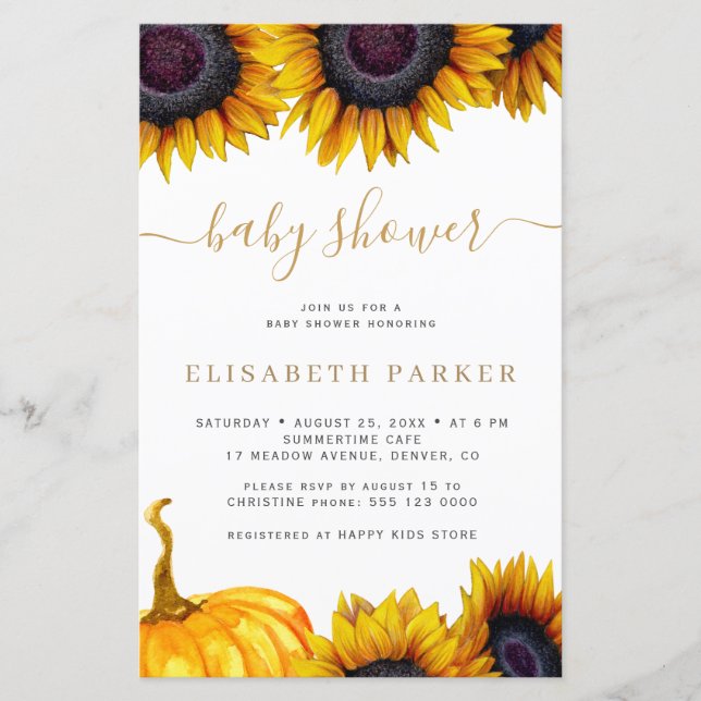 Invitation au baby shower d'or de tournesol budget (Devant)
