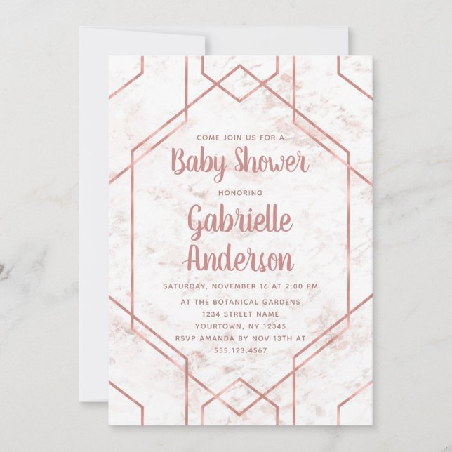 Invitation au Baby shower d'or en marbre et Rose (Devant)