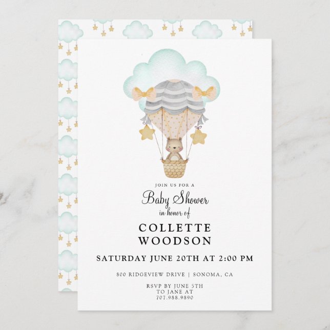 Invitation au Baby shower d'ours à ballon à air ch (Devant / Derrière)