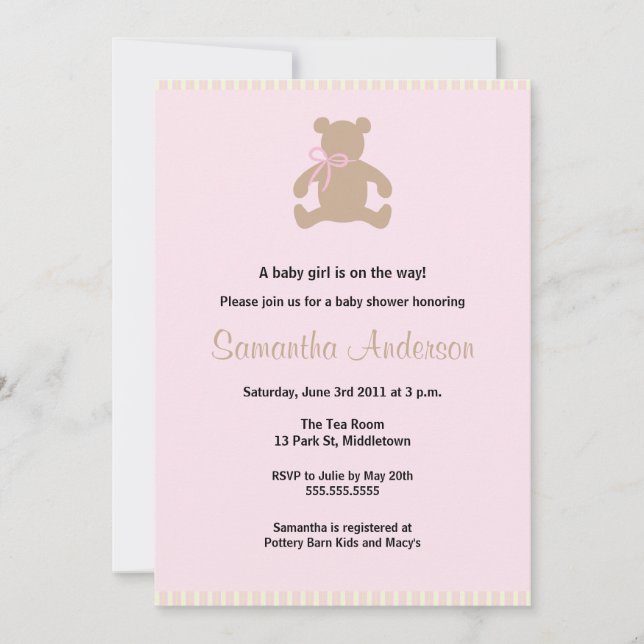 Invitation au Baby shower d'ours chic Teddy - Girl (Devant)