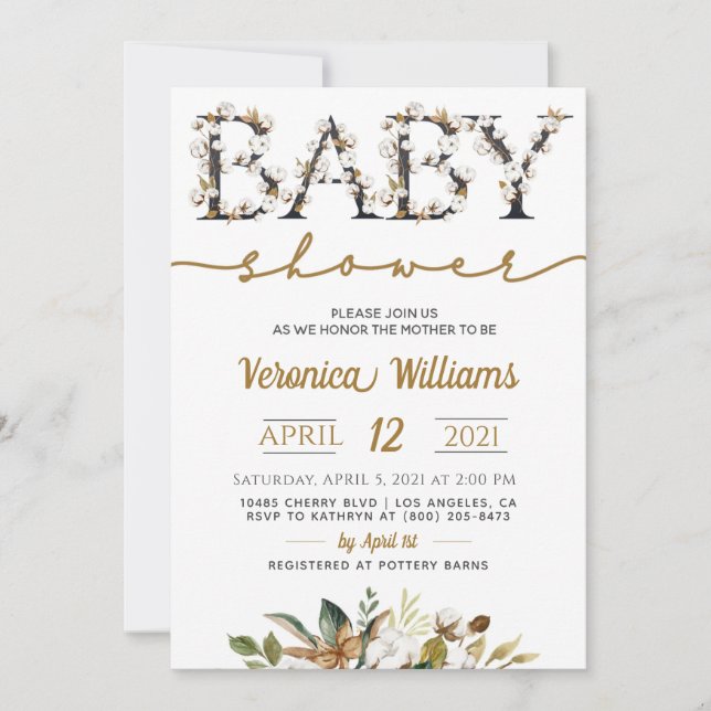 Invitation au Baby shower du feuillage de coton (Devant)