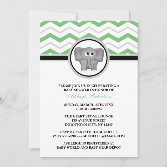 Invitation au Baby shower Elephant Green Grey Chev (Devant)