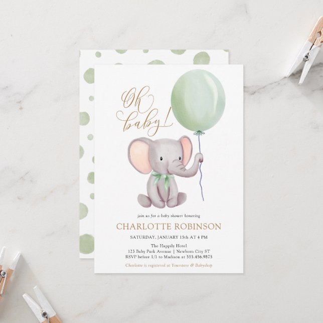 Invitation au Baby shower éléphant neutre pour le  (Devant/Arrière en situation)