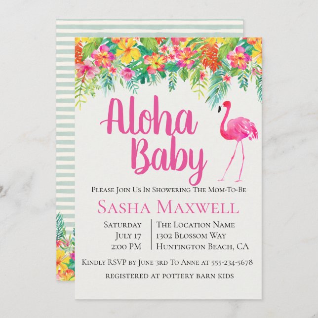 Invitation au Baby shower Flamant rose rose Luau (Devant / Derrière)