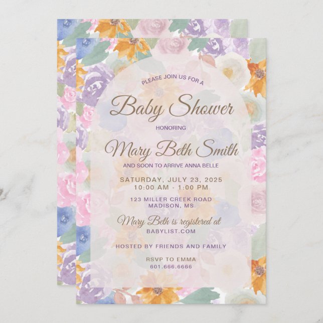 Invitation au Baby shower floral (Devant / Derrière)