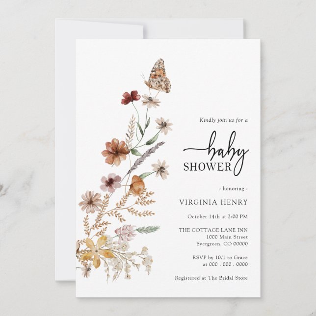Invitation au Baby shower floral blanc (Devant)