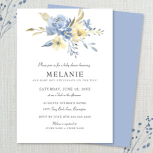 Invitation au Baby shower floral bleu Dusty