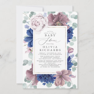 Invitation au Baby shower floral bleu Mauve et Nav